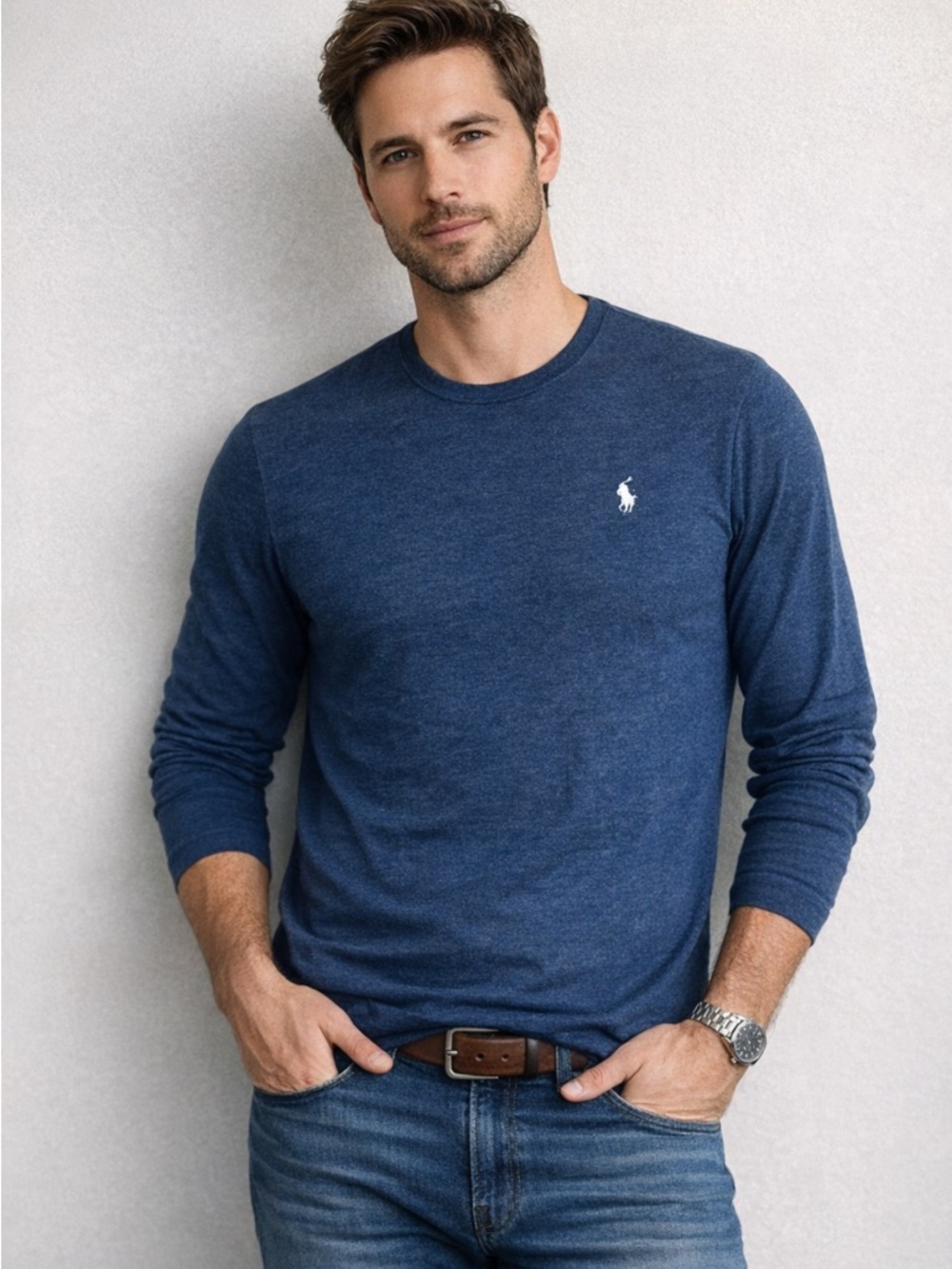 Polo Ralph Lauren Slim Fit Long Sleeve Tee Size L Heather Blue Pony Logo Preppy
